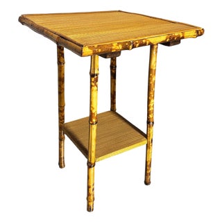 Early 20th Century Aesthetic Movement Tiger Tortoise Bamboo Pedestal 2-Tier Side Drink Table For Sale