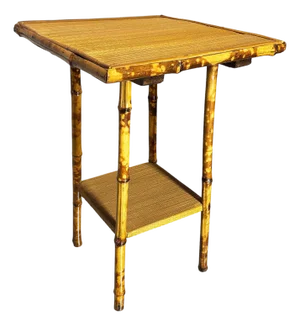 Early 20th Century Aesthetic Movement Tiger Tortoise Bamboo Pedestal 2-Tier Side Drink Table