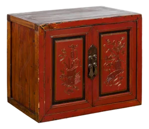 19th Century Qing Dynasty Red Lacquer Cabinet with Hand-Carved Doors