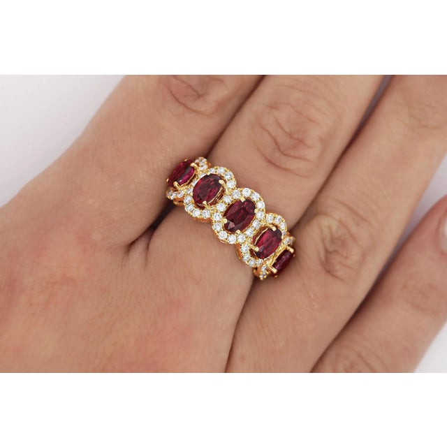 Red 3.43 Carat Oval Cut Ruby and Diamond Halo Wedding Band Ring in 18K Gold For Sale - Image 8 of 9