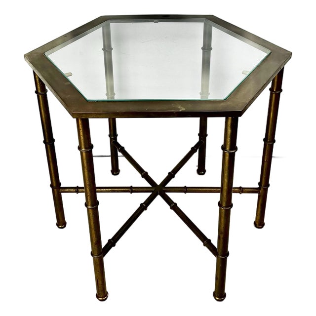 Vintage Mastercraft Brass Hexagonal Faux Bamboo Side Table For Sale