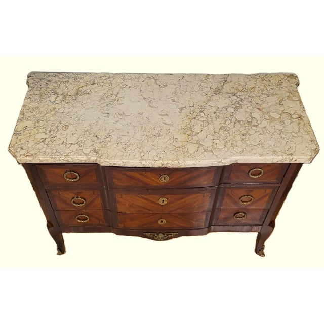19th C French Louis XV Inlaid & Bronze Mounted Sienna Marble Top Commode Chest For Sale - Image 9 of 16