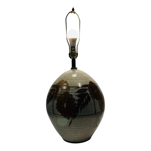 Fabulous Studio Pottery Table Lamp Vermont Leaves Flowers - Works! Lampshade!