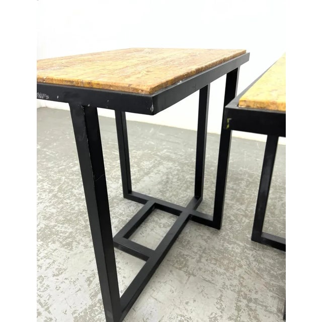 Pair of Pierre Chareau Style Modernist Metal Side Tables With Travertine Tops For Sale In New York - Image 6 of 12