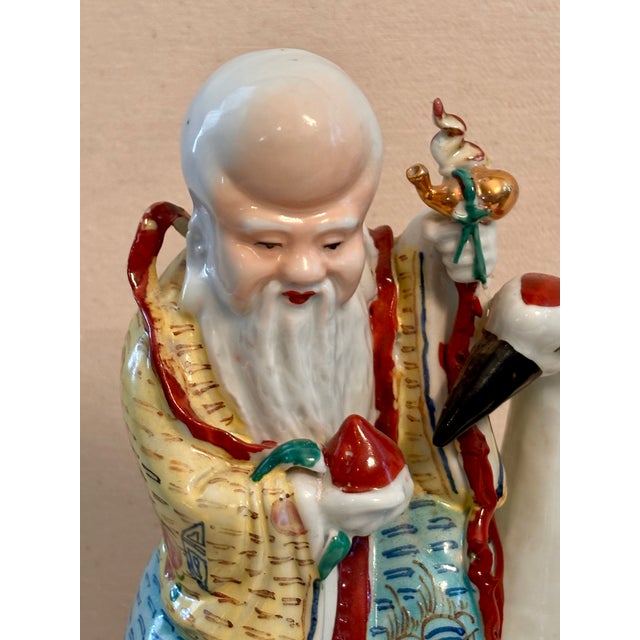 Asian Style Pair Antique Famille Rose Immortal Statues Qing Dynasty Shou Xing Magu For Sale - Image 4 of 8
