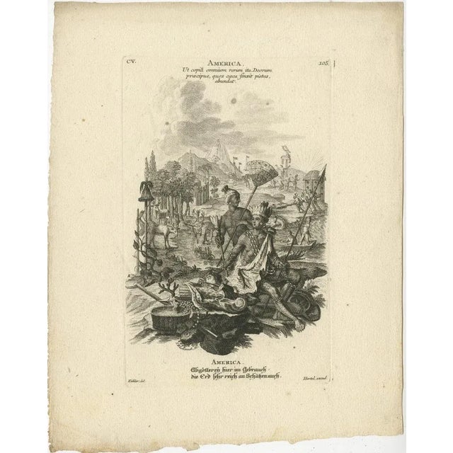 The engraving titled "America" was part of a series representing the four continents, published by Johann Georg Hertel in...
