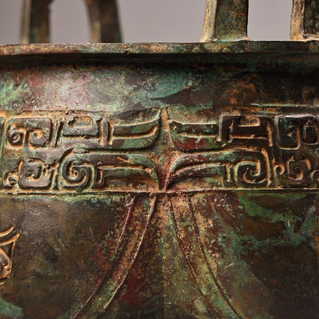 Dark Green Vintage Archaic Bronze Tripod Cauldron (Ding) With Taotie Masks & Inscription For Sale - Image 8 of 9