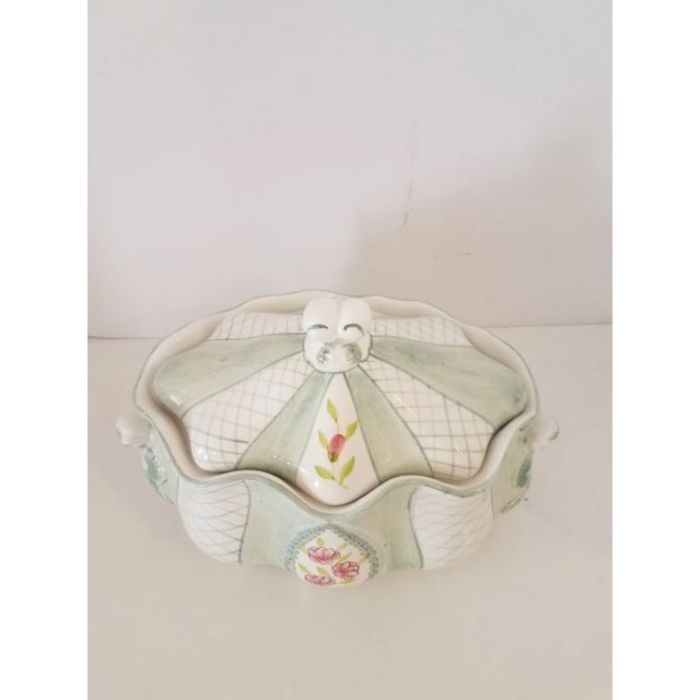 Vintage "Gear" Italian ceramic, covered vegetable bowl. This bowl is unique. The top of bowl and lid have scalloped...