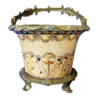 Vintage Ornate Hand Painted Porcelain & Solid Brass Planter With Handle For Sale