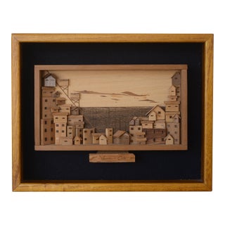 Vintage Mid Century 3-D Valpasairo Cityscape Wood Art For Sale