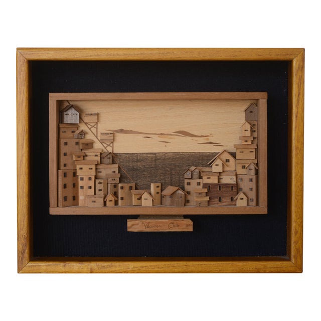 Vintage Mid Century 3-D Valpasairo Cityscape Wood Art For Sale