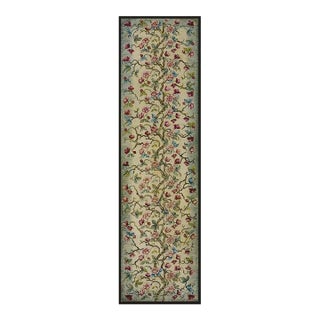 1930s Ivory Green Tree of Life Folk Art American Hooked Hallway Runner Rug For Sale