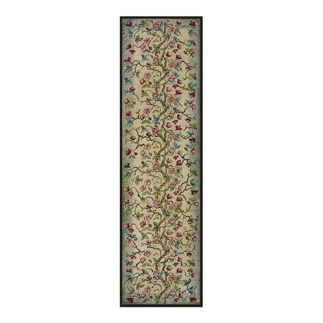 1930s Ivory Green Tree of Life Folk Art American Hooked Hallway Runner Rug For Sale