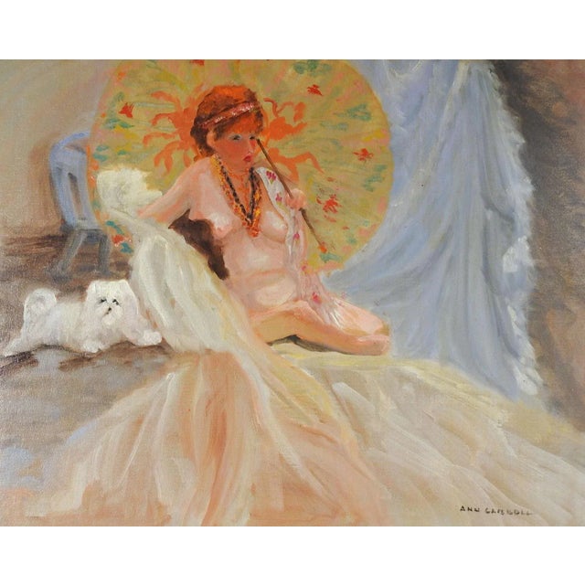 Late 20th Century Impressionist Bohemian Dog, Nude & Parasol Painting For Sale - Image 5 of 5