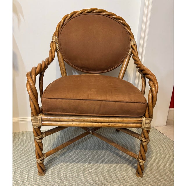 6 McGuire, Refurbished, Twisted “Barley” Bamboo/Rattan Chairs. Upholstered in a Rich, Warm Faux Suede Performance Fabric. For Sale - Image 12 of 12