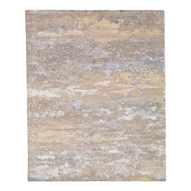 Beige Modern Wool & Silk Rug With Abstract Motif For Sale