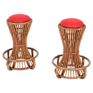 Set of Vintage Italian Rattan and Bamboo Bar Stools by Tito Agnoli, 1950s For Sale