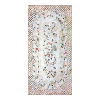 1920s Ivory Floral Folk Art American Hooked Rug Gallery Rug 6' X 12' Handknotted Wool Carpet For Sale