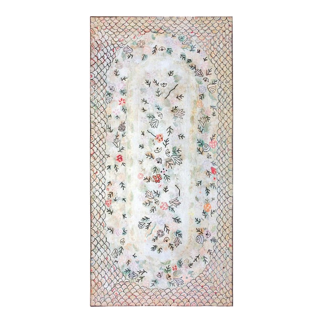 1920s Ivory Floral Folk Art American Hooked Rug Gallery Rug 6' X 12' Handknotted Wool Carpet For Sale