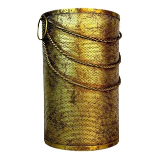Vintage Hollywood Regency Gold Metal Mesh Wastebasket or Umbrella Stand For Sale