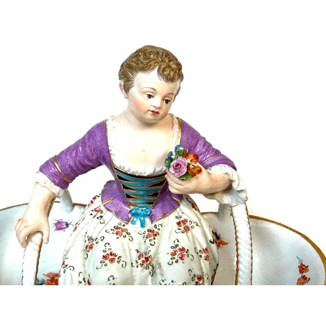 Ceramic Meissen Rococo Figural Sweetmeat Dish Seated Maiden with Twin Floral Baskets For Sale - Image 7 of 13