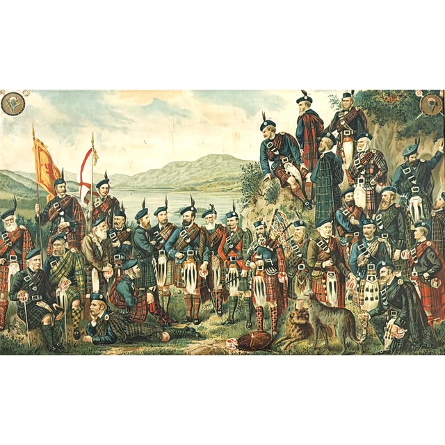 Wood Antique Framed Scottish Print of Clan Chiefs and Tartans For Sale - Image 7 of 11