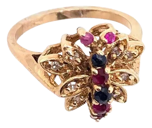 14 Karat Yellow Gold Fashion Ring With Sapphire Ruby and Diamond Cluster, Size 6.5