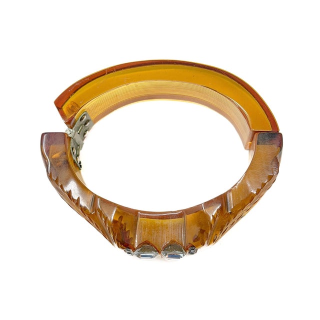 Vintage Art Deco Carved Bakelite and Paste Hinged Cuff, 1930s For Sale - Image 13 of 14
