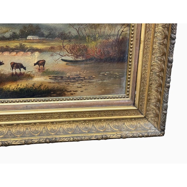 Antique 19th-century oil on canvas pastoral landscape painting is consistent with works from the Hudson River School,...