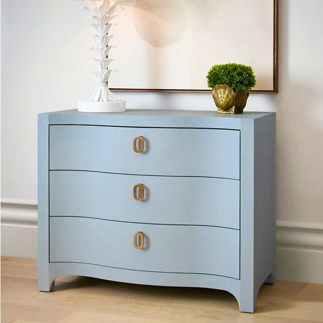 Worlds Away Matthew Izzo Home Cora Light Blue Textured Linen Three Drawer Chest With Satin Brass Drawer Pulls For Sale - Image 4 of 9