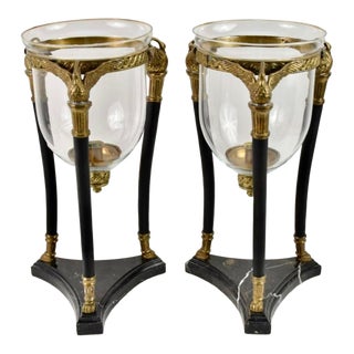 Neo-Classical Trifed Marble & Brass Base Hurricane Swan Lamps, For Sale