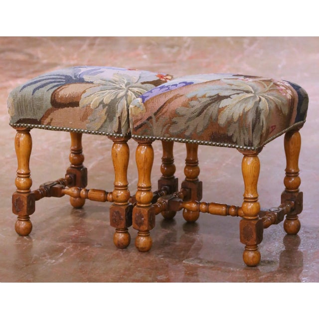 Wood Pair of 19th Century French Louis XIII Walnut Stools With Aubusson Tapestry For Sale - Image 7 of 12