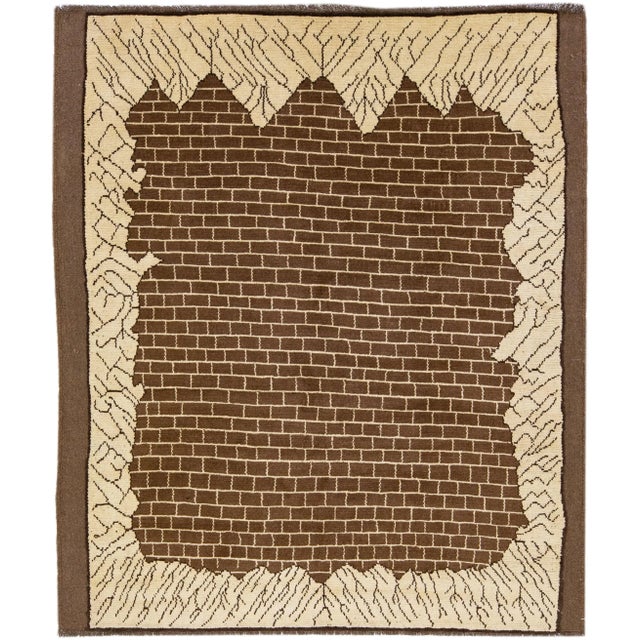 Brown Transitional Art Deco Style Handmade Brown Pattern Wool Rug For Sale - Image 8 of 8