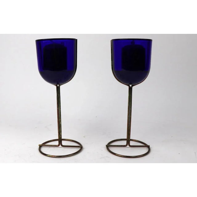 Metal Vintage Cobalt Wine Goblet Candlesticks by Iittala - a Pair For Sale - Image 7 of 9