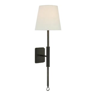 Amber Lewis for Visual Comfort Signature Griffin Tail Sconce in Bronze and Chocolate Leather with Linen Shade For Sale