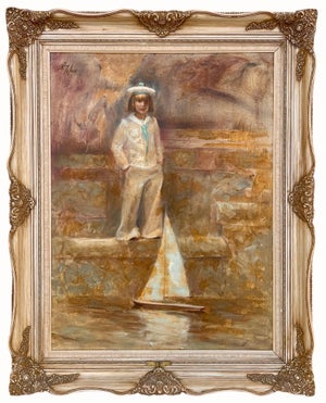 Richard Judson Zolan, Large American Impressionist Painting Sailor Girl with Toy Boat Richard Zolan