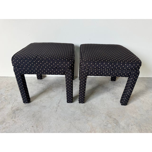 Stylish pair of 1980’s Postmodern Parsons-style upholstered ottomans in the manner of Milo Baughman. These ottomans...