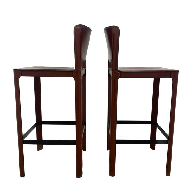 Matteo Grassi Pair of Red Italian Leather Stools- 1980s- Counter Height For Sale In Atlanta - Image 6 of 18