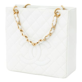 Chanel White Quilted Caviar Leather Tote Bag For Sale
