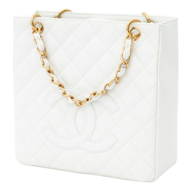 Chanel White Quilted Caviar Leather Tote Bag For Sale