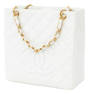 Chanel White Quilted Caviar Leather Tote Bag