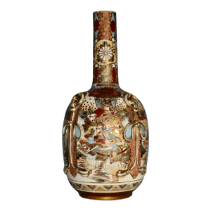 Antique Japanese Satsuma Bottle Vase With Molded Ribbons