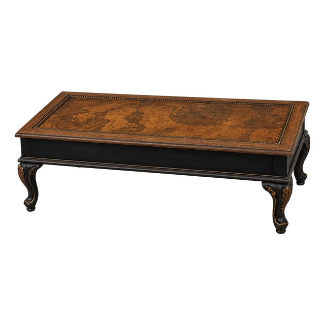 Vintage Grand Tour Leather Map Coffee Table in Satin Walnut, Onyx Black and Gilded Gold For Sale