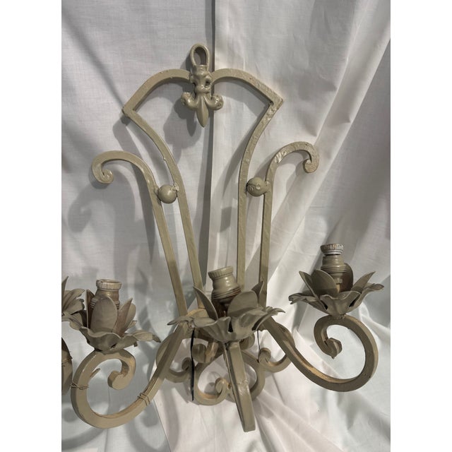 French 1970s French Painted Wrought Iron 3 Light Floral Wall Sconces - Pair For Sale - Image 3 of 5
