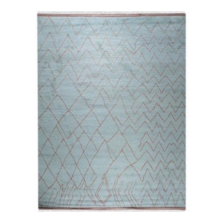 4x12 Isla Moroccan Blue Geometric Modern Hand Knotted Wool Carpet Rug For Sale