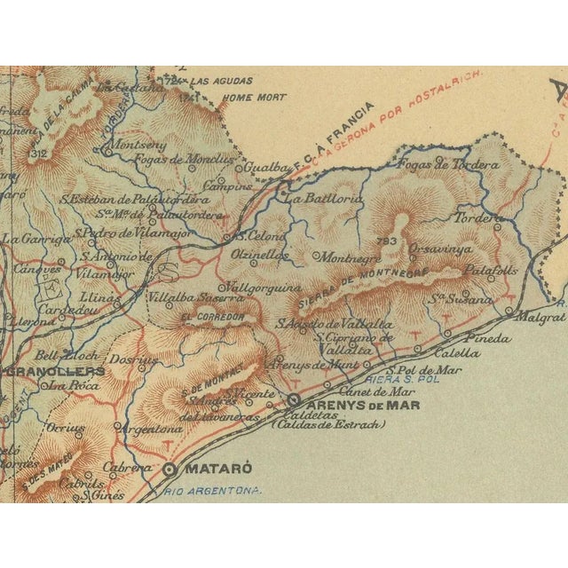This orignal antique map is a historical depiction of the province of Barcelona from 1901. It showcases the varied terrain...