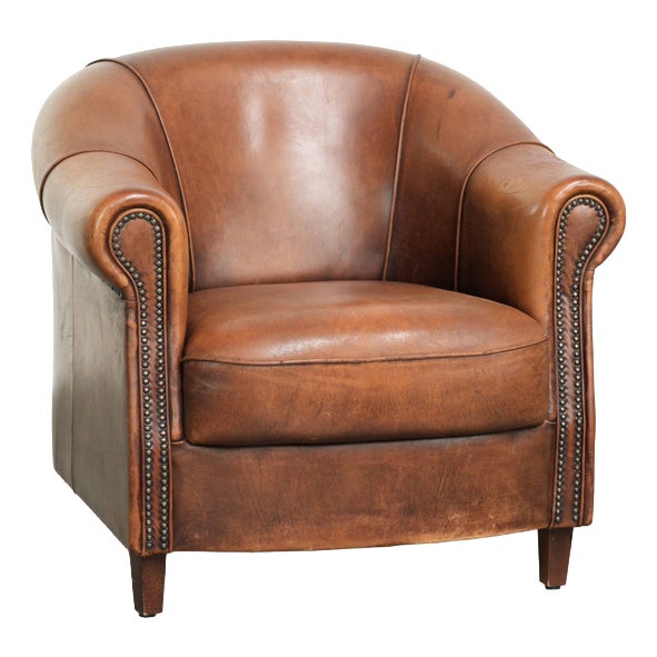 Cognac-Colored Sheepskin Club Armchair For Sale