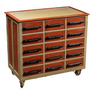 Vintage 15-Drawer Industrial Rolling Parts Cabinet For Sale