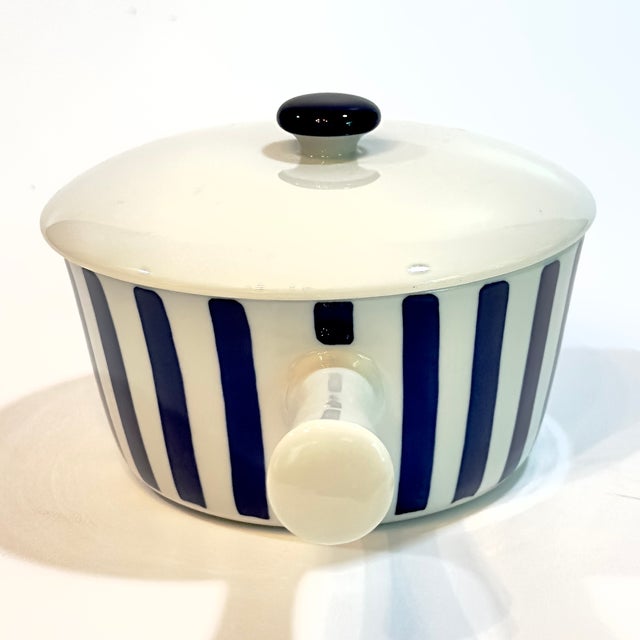 Mid-Century Modern Vintage Danish Blue & White Striped Pot With Lid by Axel Brüel for Lyngby Porcelain For Sale - Image 3 of 13