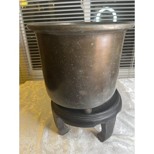 Chinese Antique Chinese Bronze Tripod Censer Planter - Carved Wood Stand & Lid - 10" For Sale - Image 3 of 9